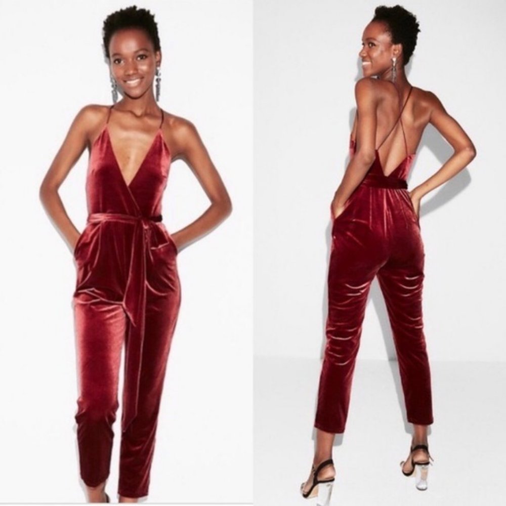 Express | Velvet Belted V Neck Jumpsuit Sz 10 New